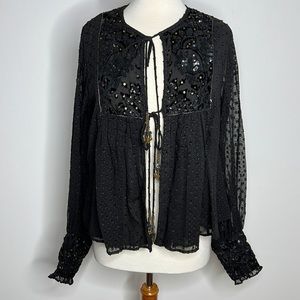 NWT ZARA Sequin Embellished Beaded Tassel Tie Babydoll Top Sz Small